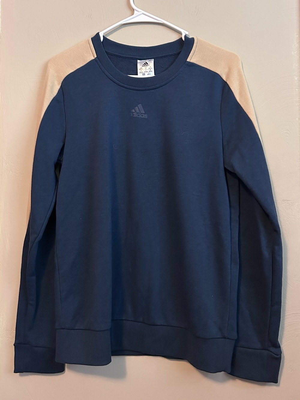NWT Adidas Navy Crewneck Sweater with Tan Shoulder Panels size Medium